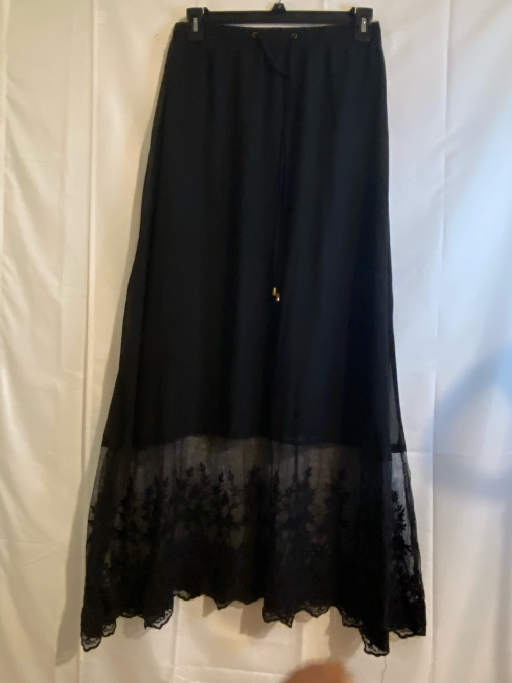 Black Maxi Skirt with Lace Hem and Adjustable Waist Sheer